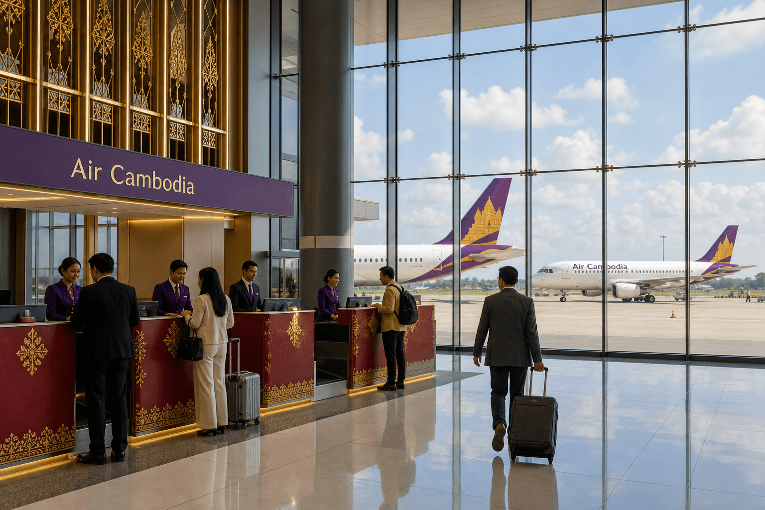 Sảnh và nhân viên phục vụ Air Cambodia