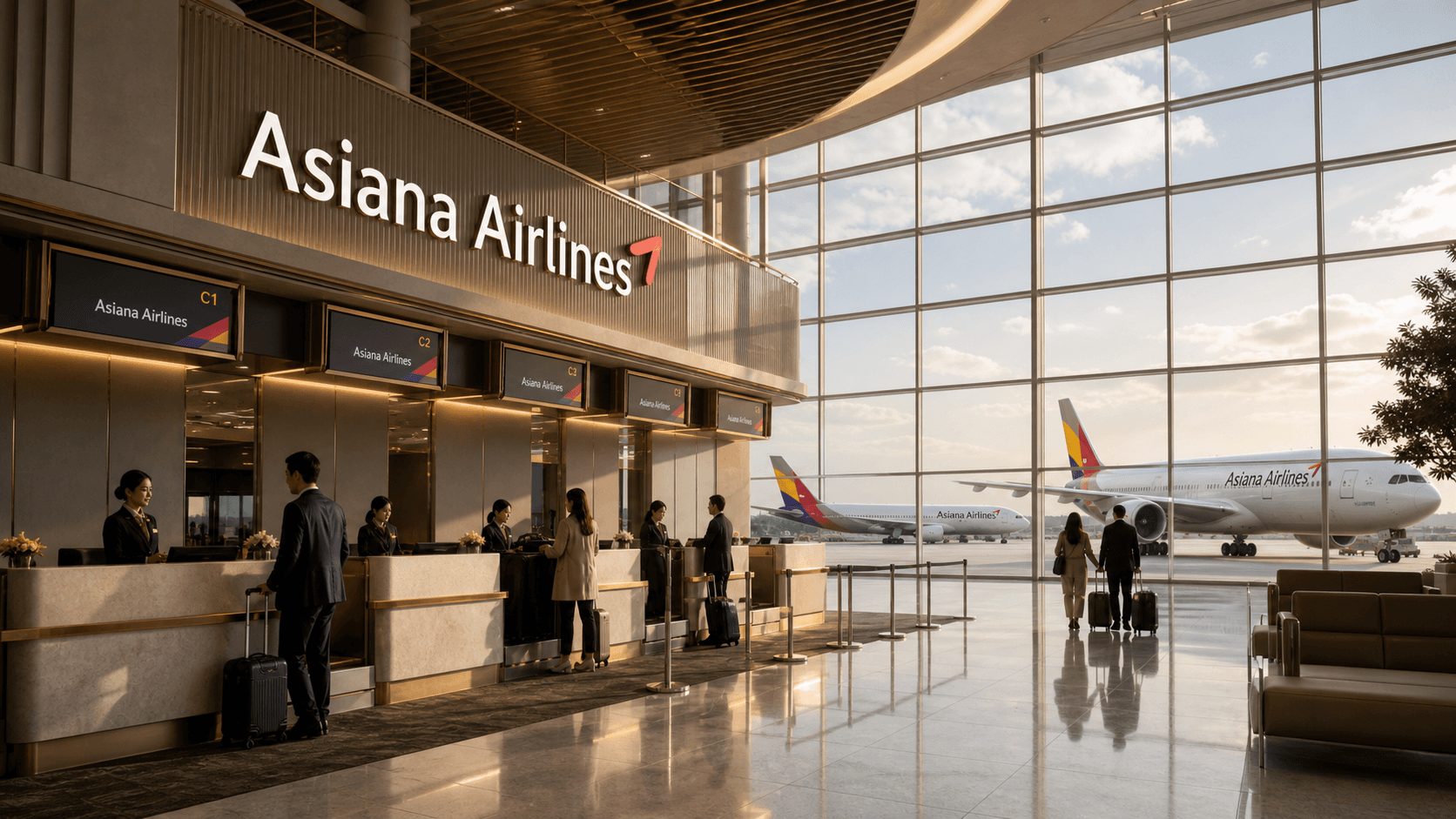 Sảnh và nhân viên phục vụ Asiana Airlines