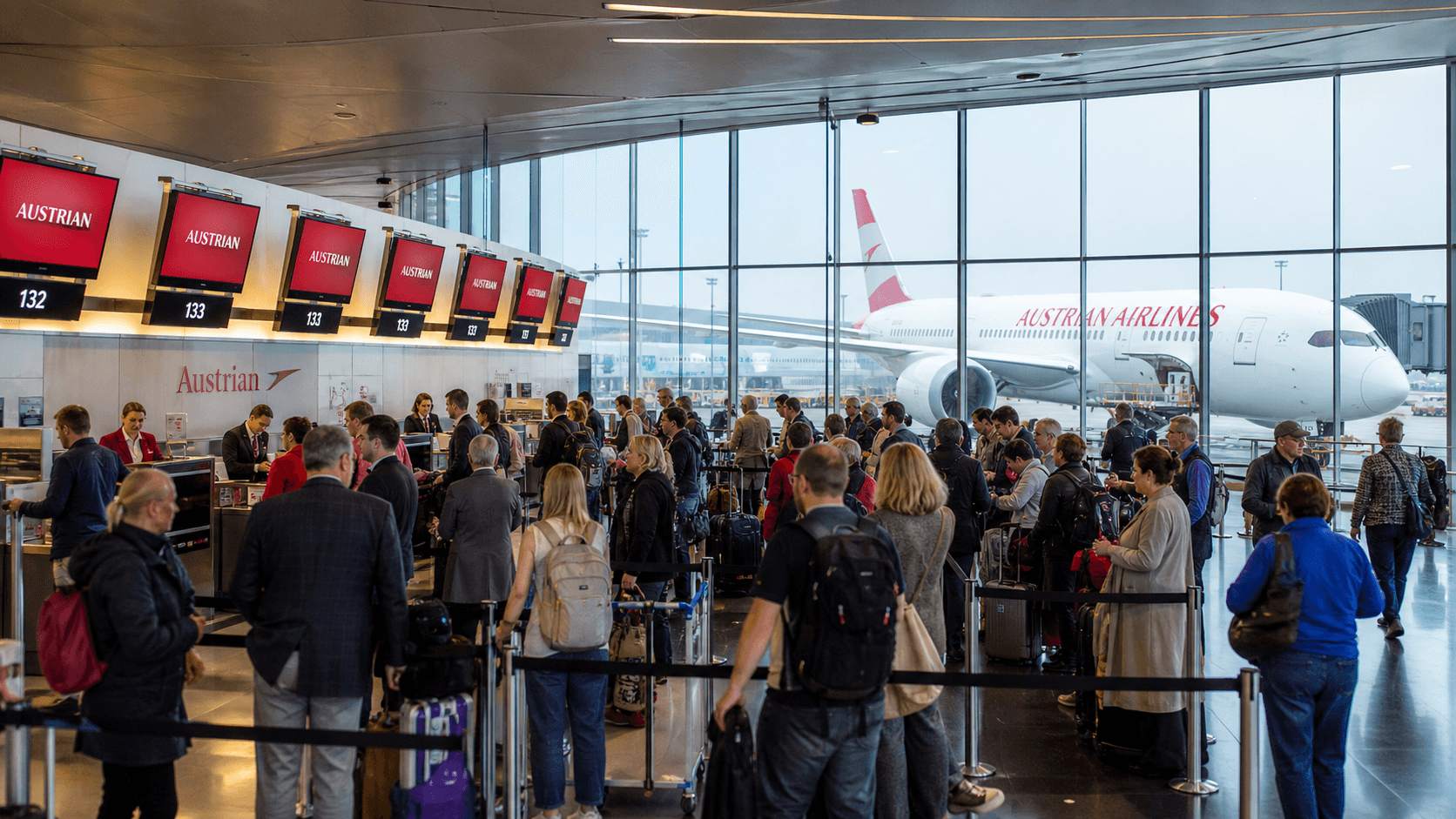 Sảnh và nhân viên phục vụ Austrian Airlines