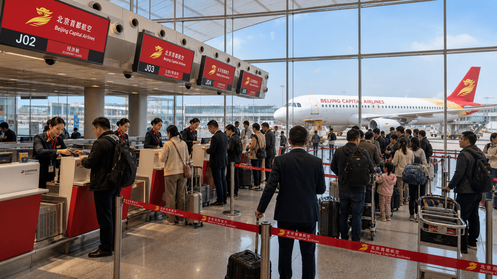 Sảnh và nhân viên phục vụ Beijing Capital Airlines