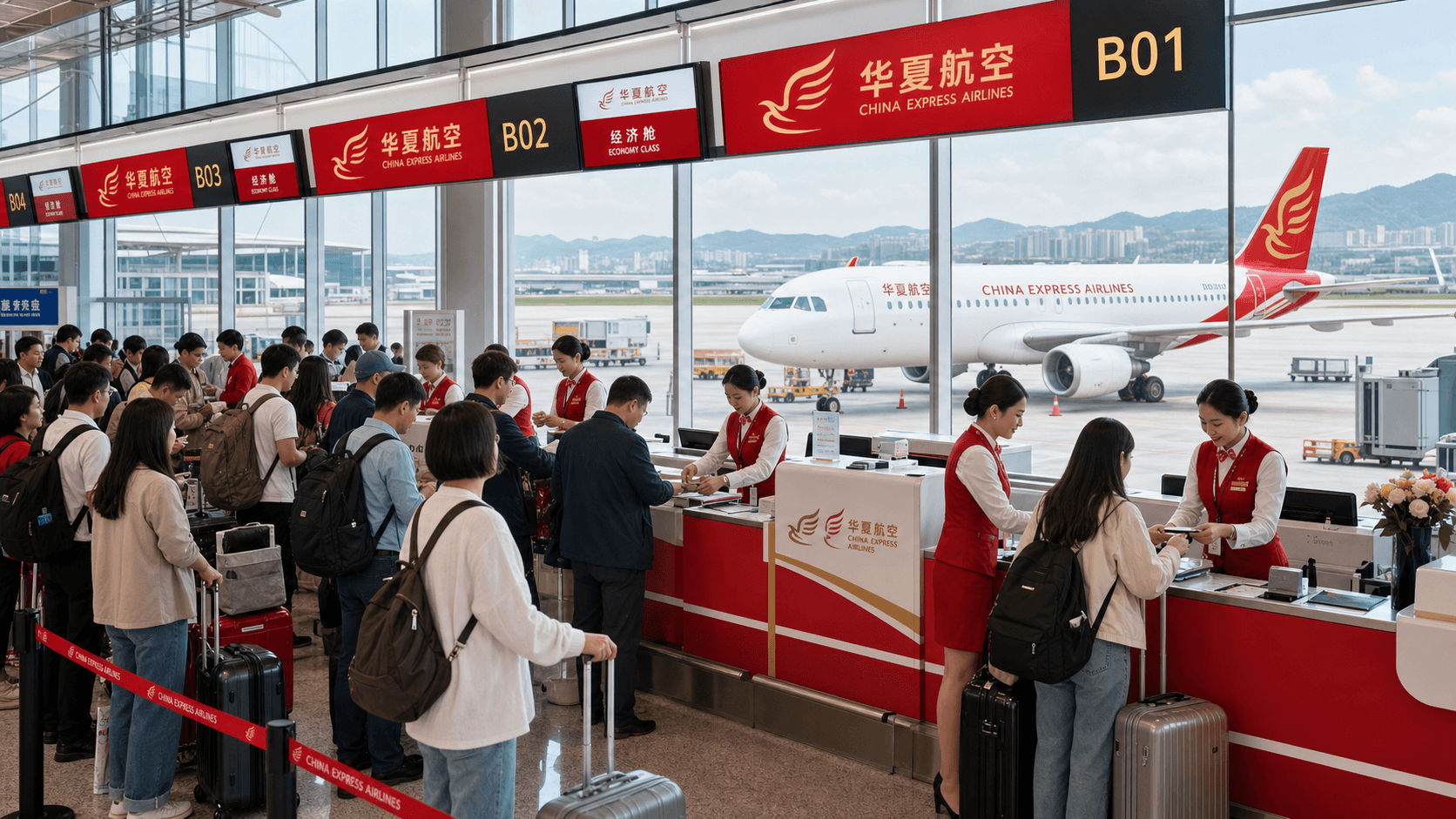Sảnh và nhân viên phục vụ China Express Airlines
