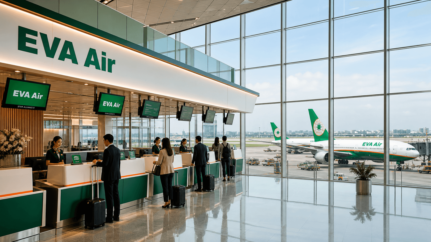 Sảnh và nhân viên phục vụ EVA Air