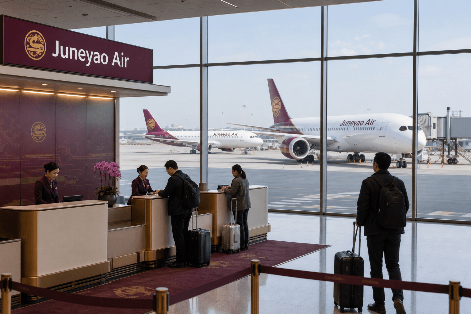Sảnh và nhân viên phục vụ Juneyao Air