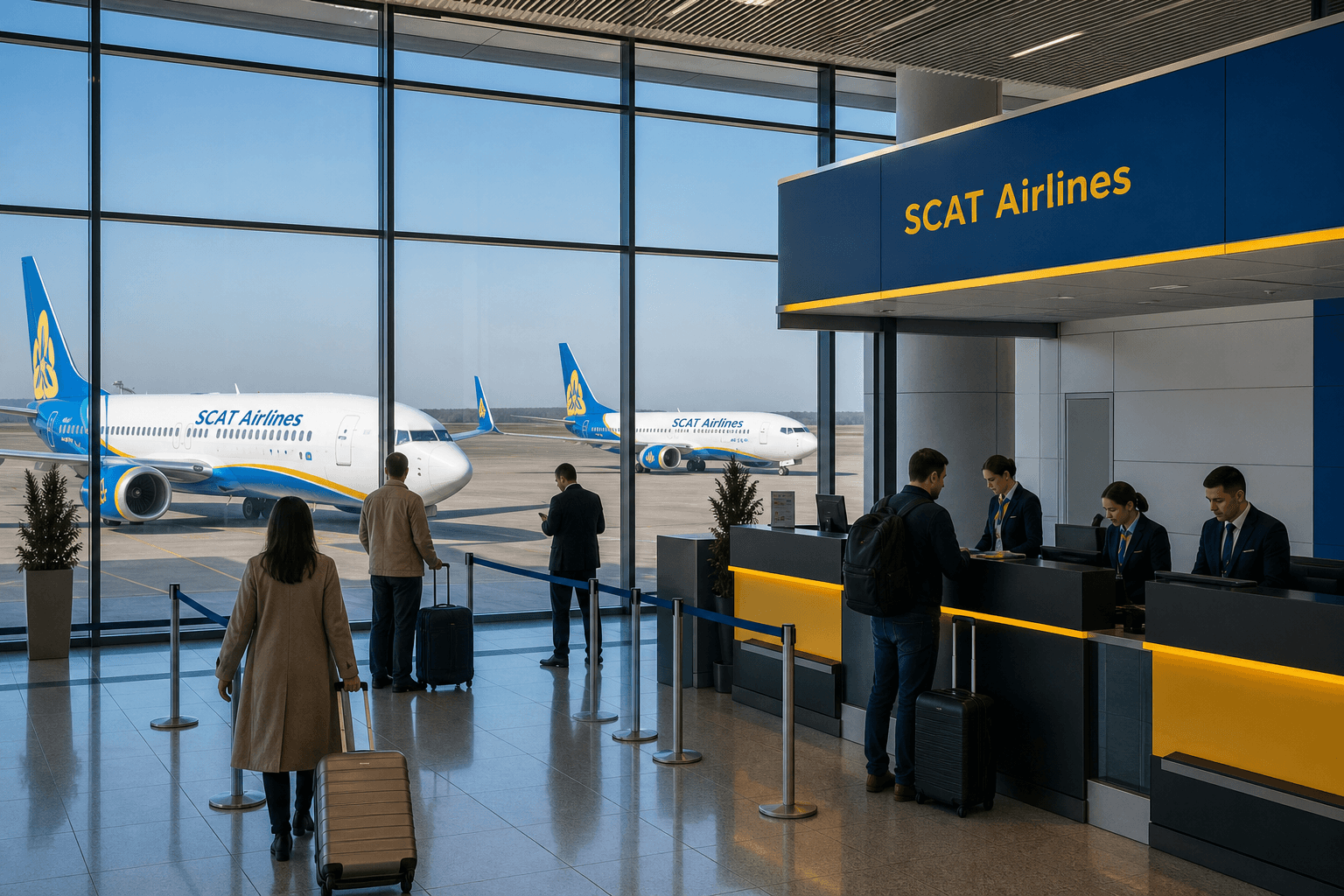 Sảnh và nhân viên phục vụ SCAT Airlines