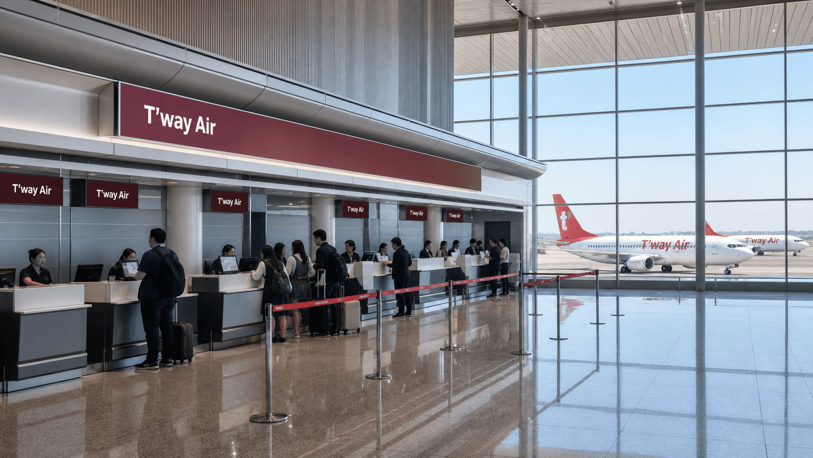 Sảnh và nhân viên phục vụ T’way Air