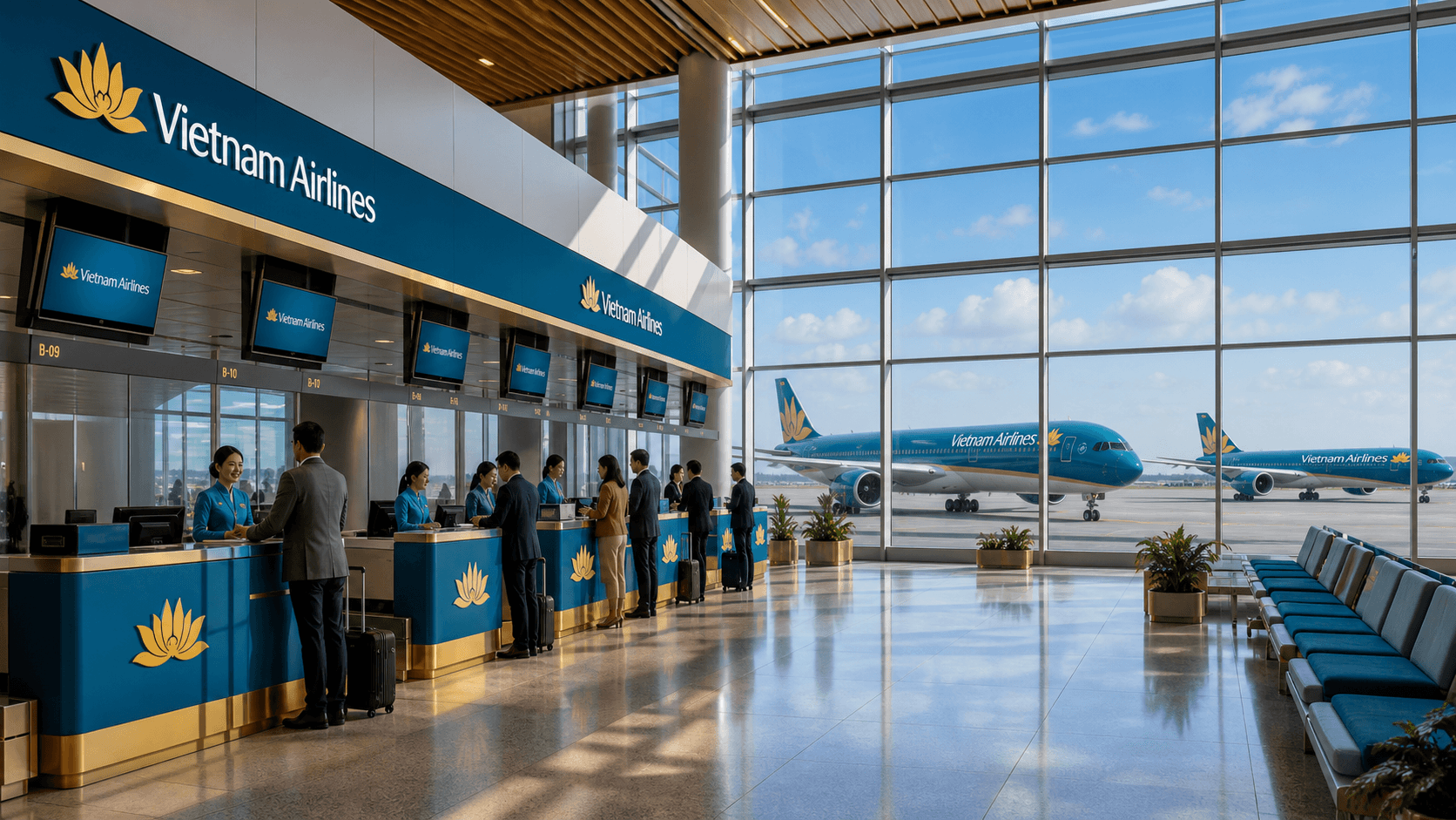 Sảnh và nhân viên phục vụ Vietnam Airlines