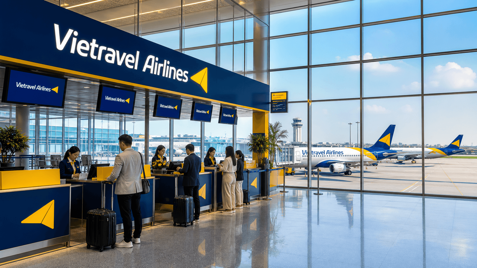 Sảnh và nhân viên phục vụ Vietravel Airlines